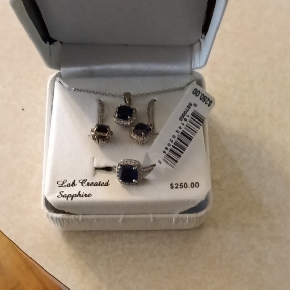 Kay Jewelers Sapphire and Sterling Silver Necklace Set With Diamond Accents
